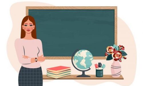 female-school-teacher-in-classroom-smiling-young-woman-standing-beside-blackboard-teaching-lesson-education-knowledge-concept-school-banner-cartoon-illustration-free-vector